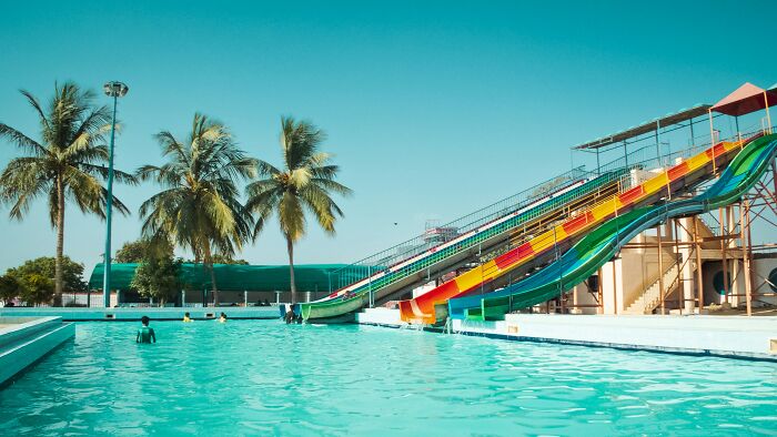 Outdoor water park with colorful slides and clear blue pool under palm trees on a sunny day, showcasing strange money-making hacks.