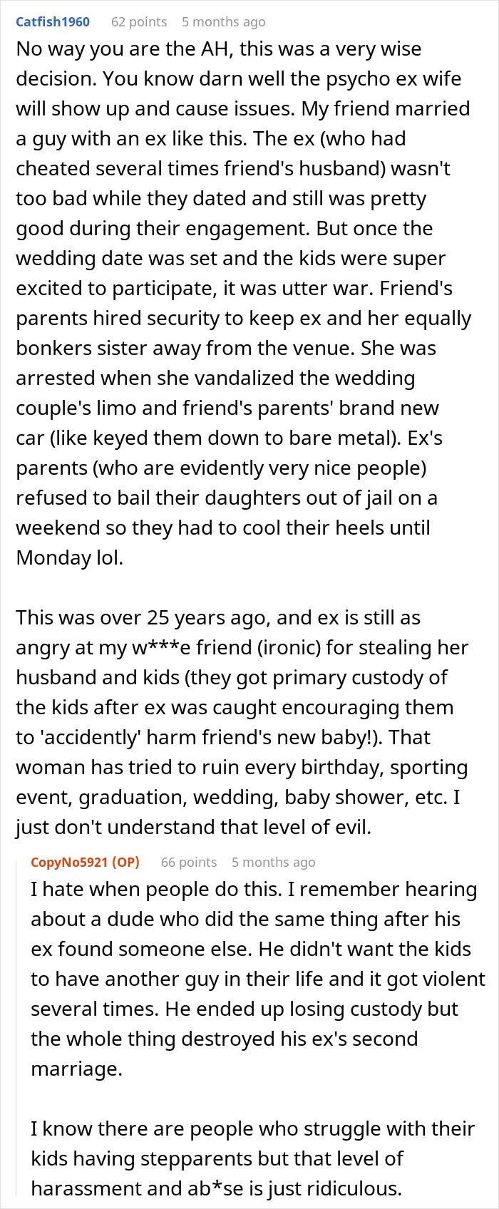 Reddit comments discussing a man scheduling his wedding to avoid his nightmare ex ruining family events. - 18