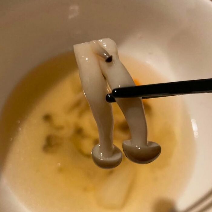 Close-up of oddly shaped mushrooms held by chopsticks over a bowl, featured on a cursed images Instagram page.