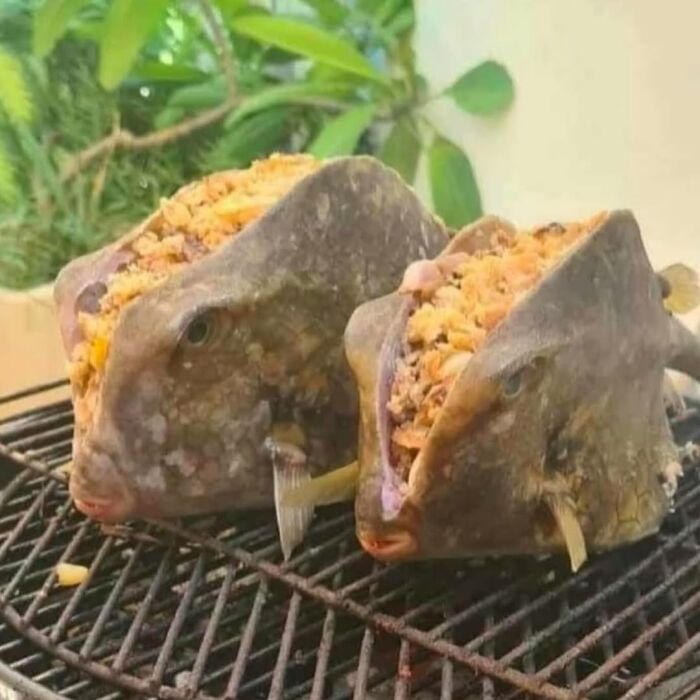 Two fish heads stuffed with food on a grill, showcasing a disturbing cursed image from a popular IG page.