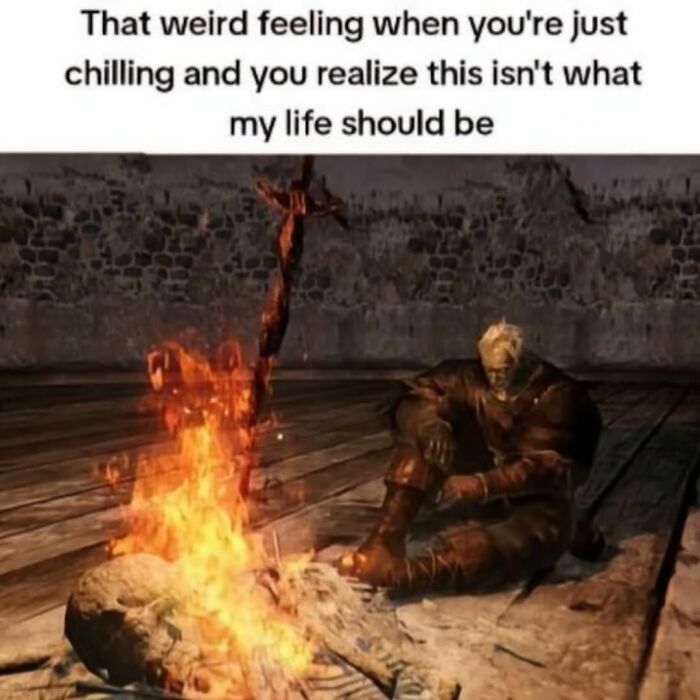 A cursed image from a disturbing IG page showing a character sitting by fire with text about life realization.