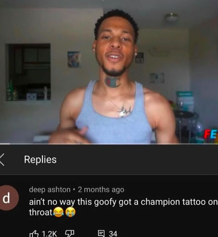 Man in gray tank top showing a colorful champion tattoo on throat with a social media comment below.