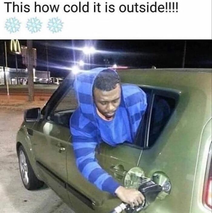 Man in blue striped hoodie filling car gas tank from outside window in a cursed image from a daily Instagram cursed images page.