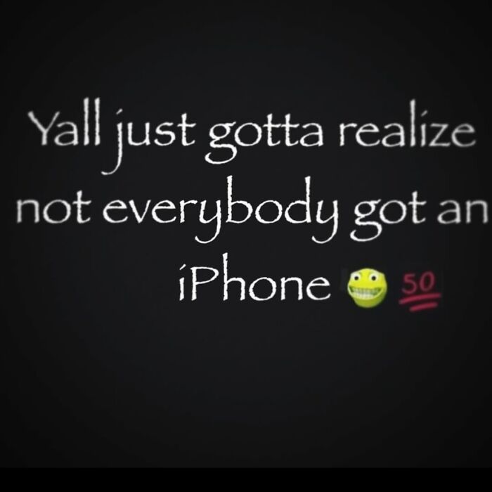 Text image with a sarcastic message about iPhones paired with a disturbing emoji, typical of cursed images on Instagram.