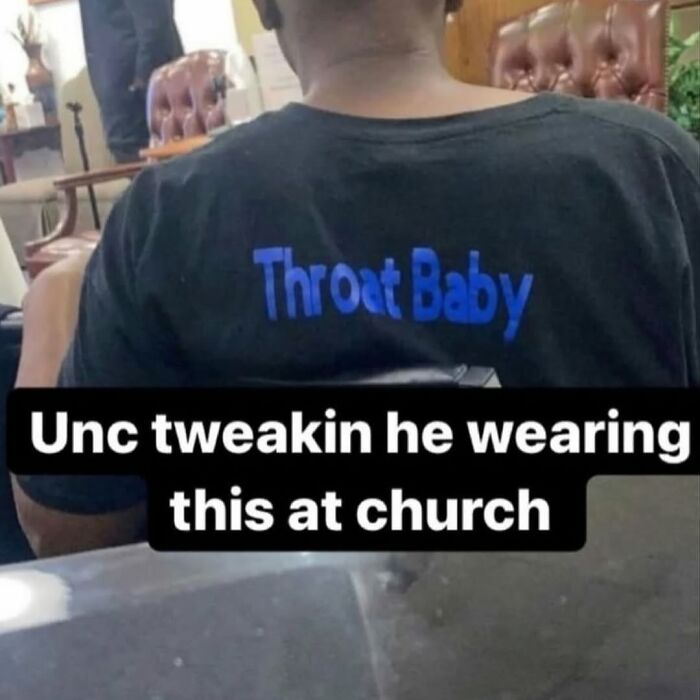 Man wearing a black shirt with blue text in a church, example of daily cursed images from a popular IG page disturbing fans