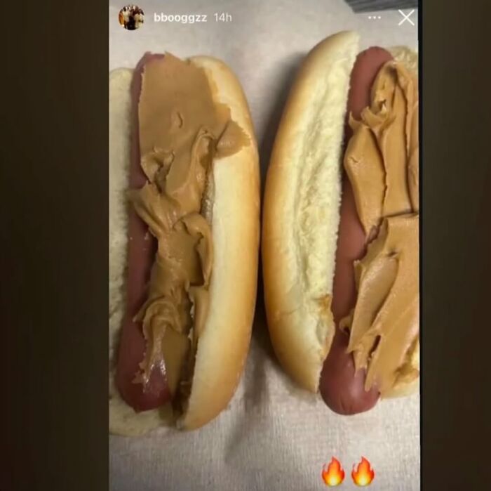 Two hot dogs in buns spread with peanut butter, a disturbing image from a cursed images Instagram page.