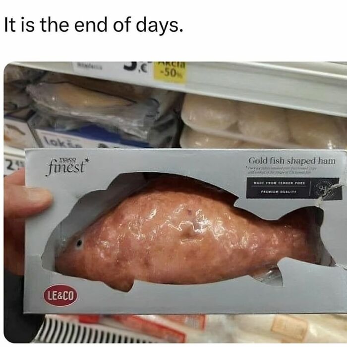 Cursed image of gold fish shaped ham packaging, disturbing fans with strange and unusual product designs.