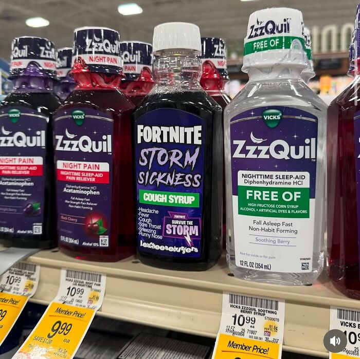 Bottles of ZzzQuil and a parody Fortnite Storm Sickness cough syrup on a store shelf disturbing fans with cursed images.