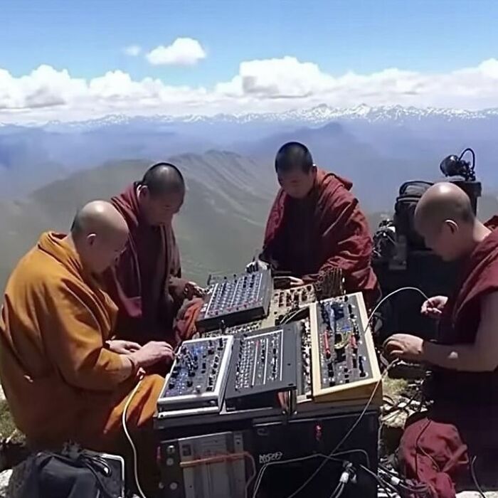 Four monks in traditional robes operating electronic music synthesizers on a mountain with snowy peaks in the background.