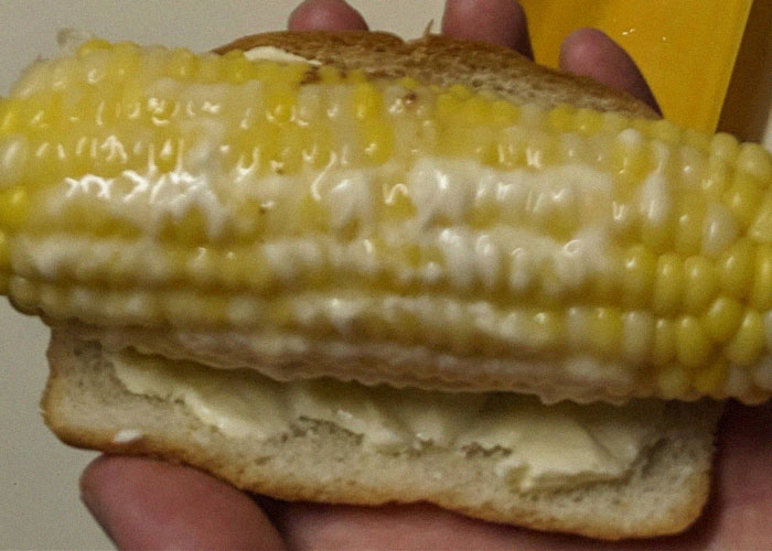 Hand holding a corn on the cob sandwich with butter on white bread, illustrating family food traditions assumed by many people.