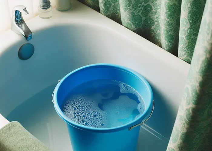 Blue bucket filled with soapy water sitting in a bathtub, showing cleaning habits people assumed everyone did in their family.
