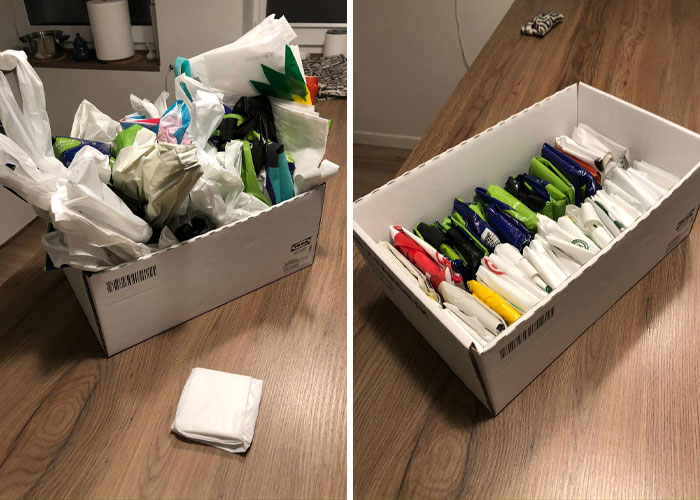 Box of plastic bags organized in two ways on a wooden table, illustrating common family habits and organization methods.