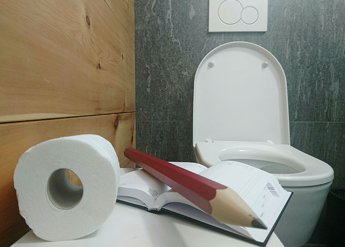 Toilet with open notebook, large pencil, and toilet paper roll, illustrating people assumed family habits and routines.