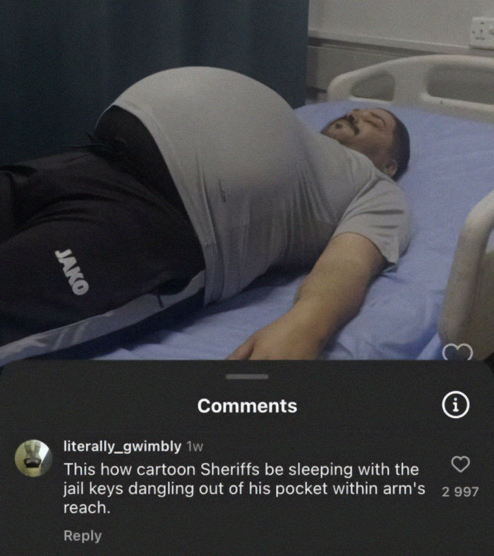Man with large belly lying on bed, featured in broken sense of humor memes with funny social media comments below.