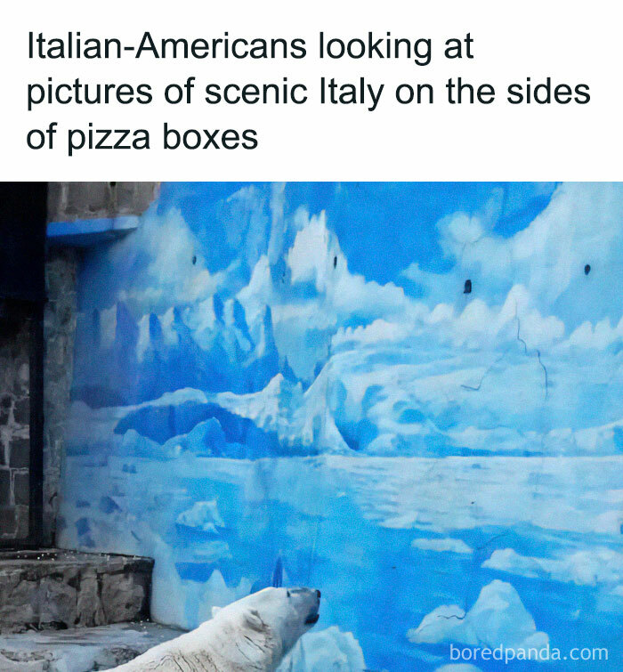 Polar bear looking at a mural of icy scenery, showcasing memes for those with a broken sense of humor.