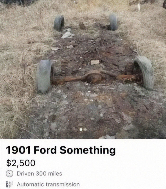 Rusty old car frame with four tires in a field, humorously listed for sale with broken sense of humor memes.