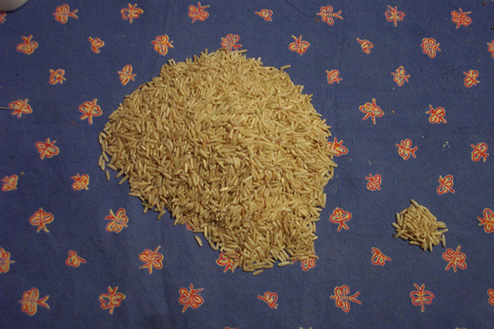 Pile of uncooked rice arranged on a patterned surface, symbolizing snooping parents uncovering surprising sides of kids.