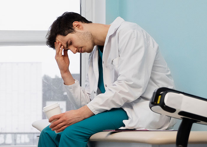 Stressed healthcare worker sitting with head in hand holding a coffee cup, showing the madness witnessed at work.