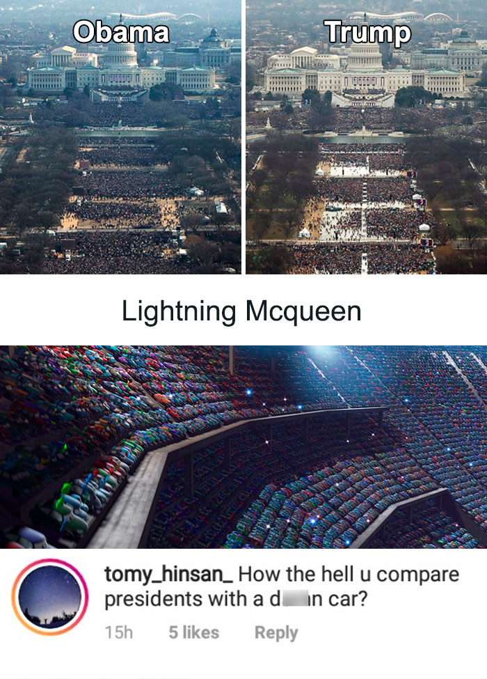 Crowd size comparison of Obama and Trump inaugurations with a Cars movie scene and a funny missed joke comment.