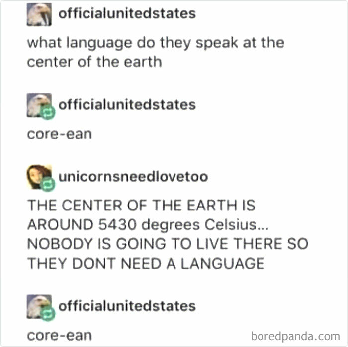 Social media exchange where someone misses the joke about the center of the earth language, showing embarrassing misunderstanding.