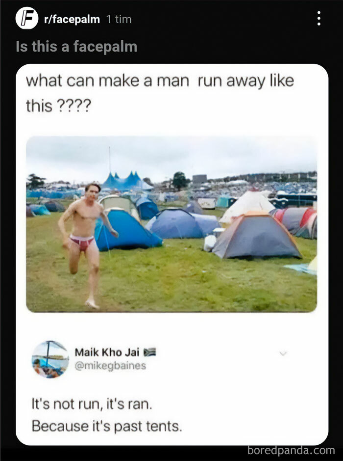 Man in underwear running past tents with a pun about missing the joke leading to becoming the joke himself.