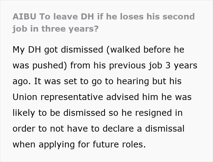 Text post about a wife shocked her husband is facing discipline again for inappropriate work comments with job history details.