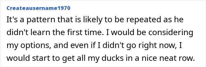 Screenshot of an online comment discussing a husband facing discipline again for inappropriate work comments.