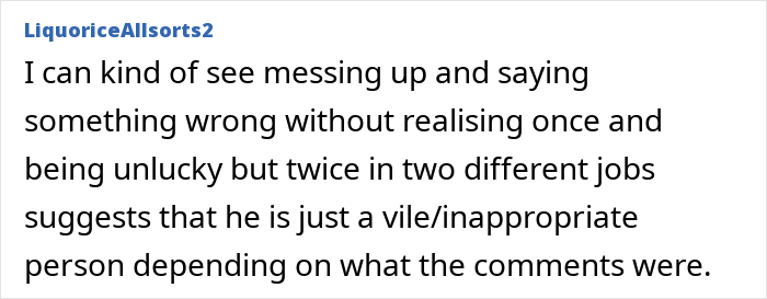 Comment expressing disbelief over husband facing discipline again for inappropriate work comments in two different jobs