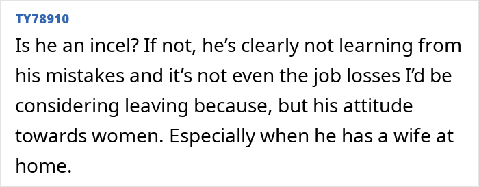 Text post discussing a husband facing discipline again for inappropriate work comments, with wife expressing disbelief.
