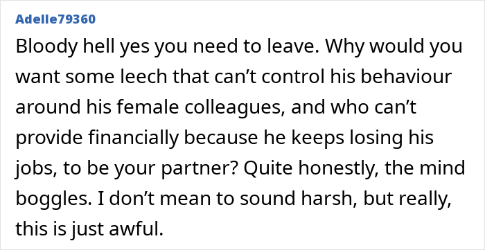 Online comment expressing shock over husband facing discipline again for inappropriate work comments and behavior.