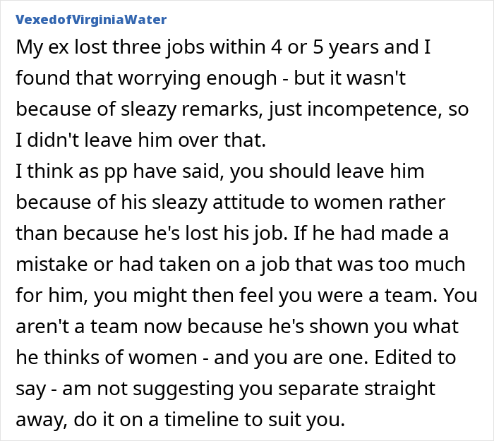 Alt text: Woman reacts in disbelief as husband faces discipline again for inappropriate work comments at his job.