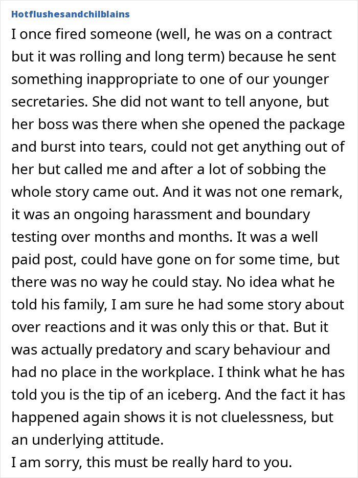 Comment describing ongoing inappropriate work comments leading to discipline, highlighting workplace harassment and boundary issues.