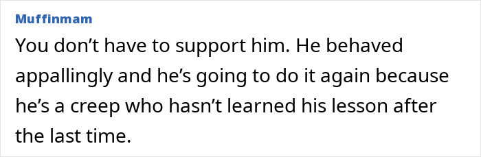 Alt text: Online comment discussing husband facing discipline again for inappropriate work comments and repeated misconduct at work.