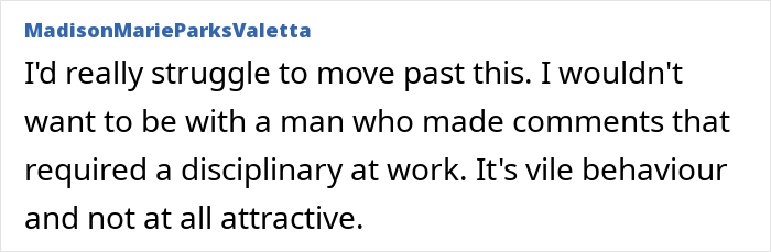 Screenshot of a social media comment criticizing a husband facing discipline again for inappropriate work comments.