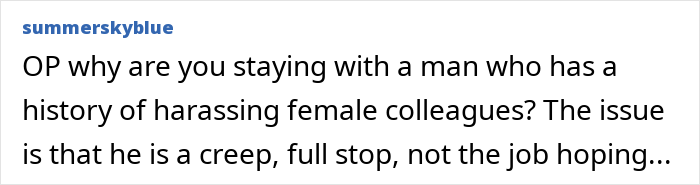 Screenshot of an online comment criticizing a man with a history of inappropriate work comments and harassment.