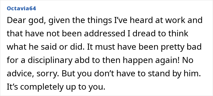 ALT text: Woman reacts with disbelief as husband faces work discipline again for inappropriate comments at the office.