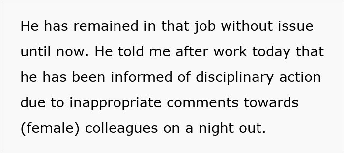 Text excerpt about husband facing disciplinary action for inappropriate comments towards female colleagues at work.