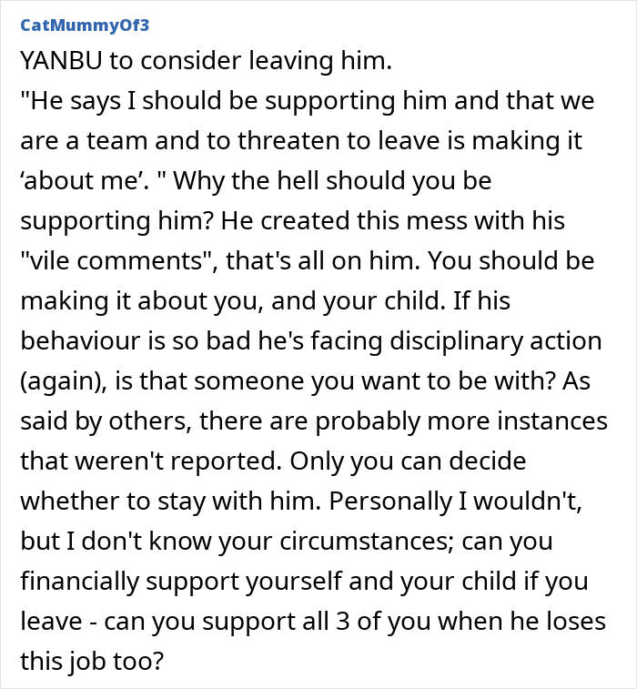 ALT text: Online comment discussing husband facing discipline again for inappropriate work comments and the wife's dilemma.
