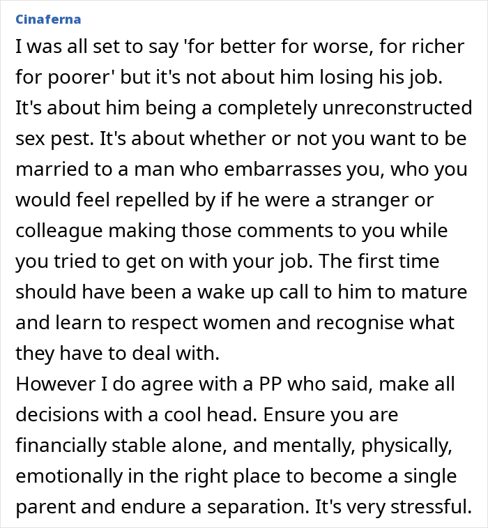 Wife shocked as husband faces discipline again for making inappropriate comments at work causing embarrassment and conflict.