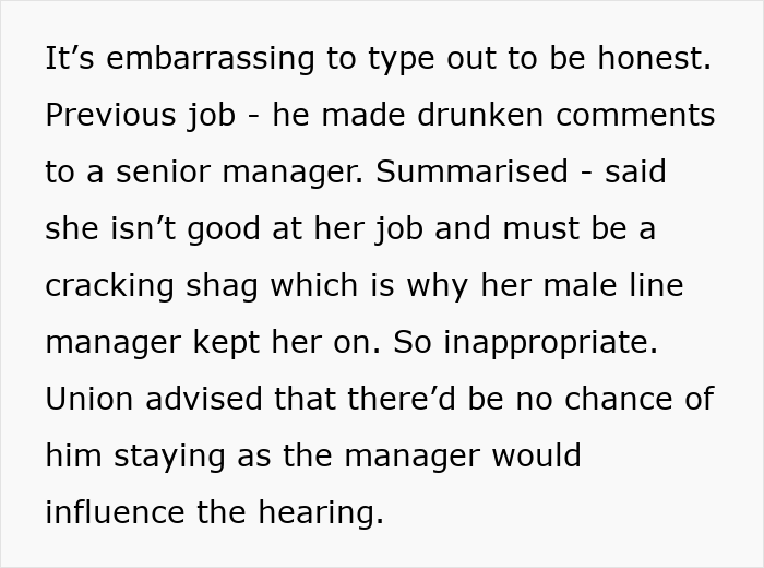 Text describing inappropriate work comments causing husband to face discipline again, wife shocked by situation.