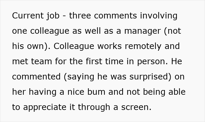 Text describing a husband facing discipline again for inappropriate work comments about a colleague&rsquo;s appearance at his job.