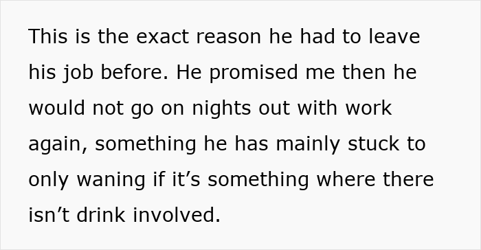 Text excerpt about husband leaving job due to work nights out and discipline for inappropriate work comments.