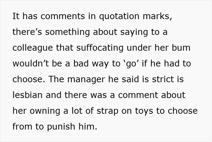 Text excerpt showing inappropriate work comments that led to husband facing discipline again and wife&rsquo;s disbelief