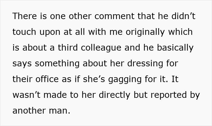 Text excerpt discussing inappropriate work comments about a colleague&rsquo;s office attire leading to potential discipline.
