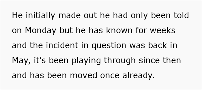 Text excerpt discussing a husband facing discipline again for inappropriate work comments, causing disbelief.