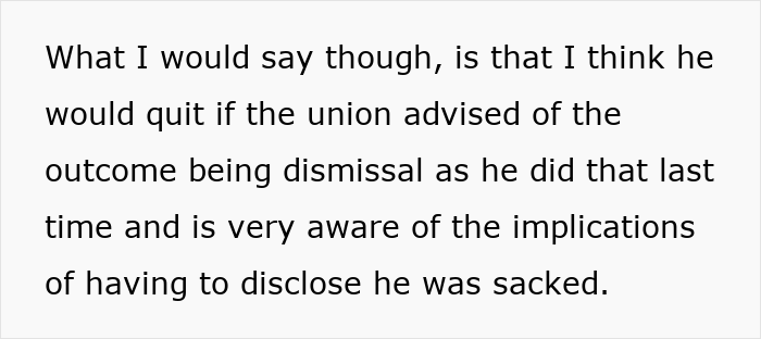 Text excerpt discussing a husband facing potential dismissal and consequences for inappropriate work comments at his job.