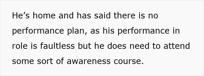 Text excerpt discussing a husband facing discipline again for inappropriate work comments and required awareness course.