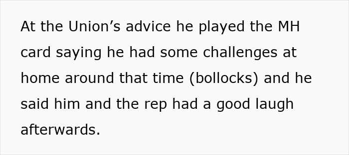 Screenshot of text describing union advice and a man using mental health as a reason during a workplace discipline issue.
