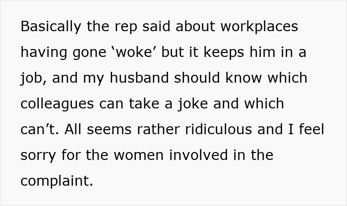Text discussing workplace culture changes and a husband facing discipline for inappropriate work comments.