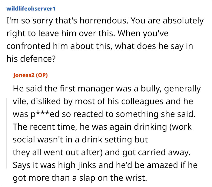 Comment thread discussing husband facing workplace discipline again for inappropriate work comments, wife shocked and defensive.